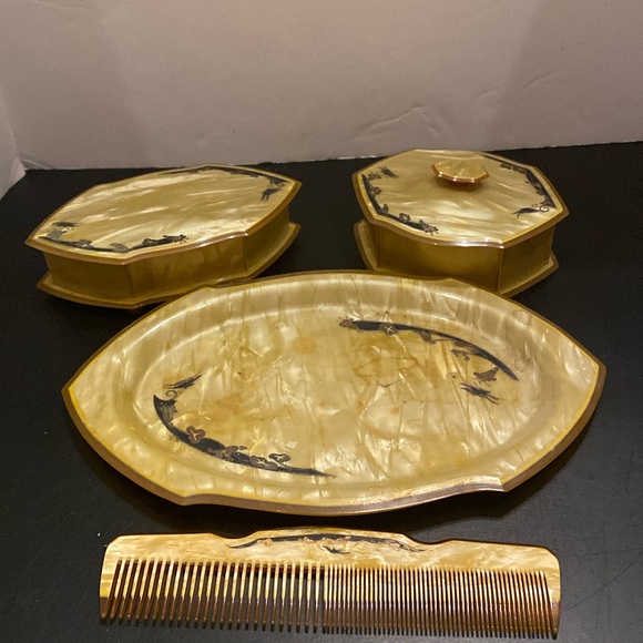 VTG Hampton Arch Bakelite Celluloid art deco vanity set tray comb powder box - Picture 1 of 14